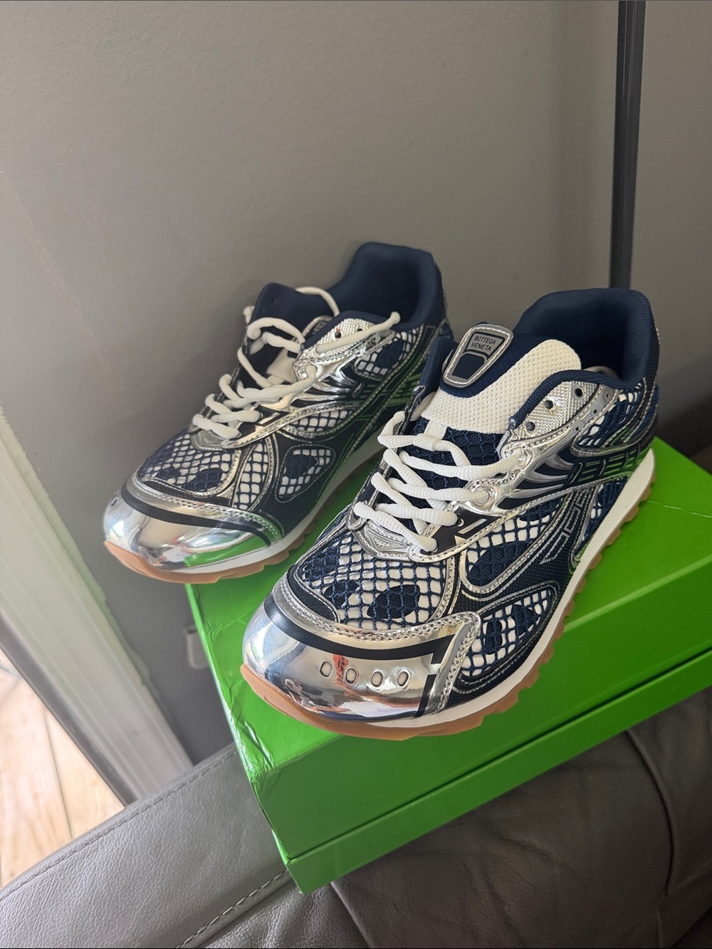Bottega Veneta Silver & Navy Mesh Tennis Sneakers - Picture 3 of 6